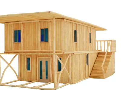 Stylized Bamboo houses Low-poly 3D model