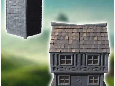Two-story medieval house with a steep roof multiple windows and  3D print model