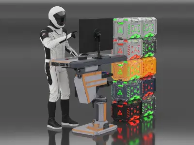  Futuristic Control Station with Astronaut and Sci-Fi Crates 