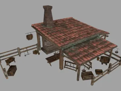 Blacksmith set wooden kitchen with pots and pans Low-poly 3D model