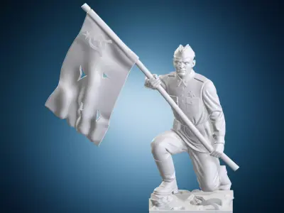 Soviet Soldier Historical Statue on Base with Flag 3D print model