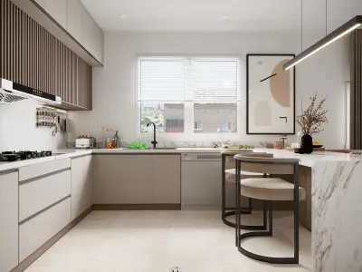 Sleek Modern Kitchen with Marble Island and Ribbed Wood Accents Low-poly 3D model