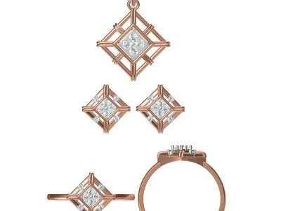 Light Minimalist Diamond Ring Earrings Pendant Set 3D print model