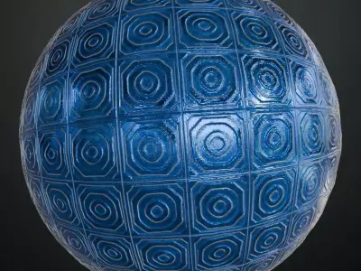 Modern Glossy Blue Embossed Concentric Square Tiles PBR Seamless Texture
