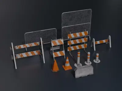 Traffic barricades - barriers - cones Low-poly 3D model