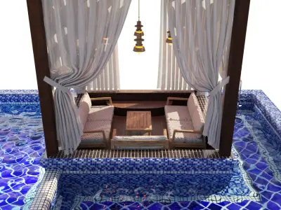 Pool with wooden gazebo 3D model