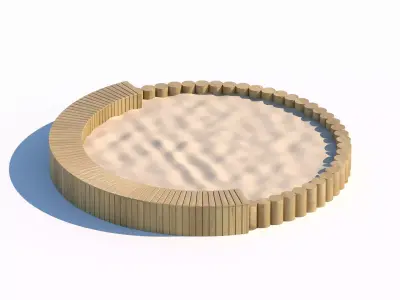 Circular wooden sandbox with integrated seating 3D model