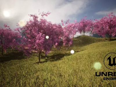 Blossom trees with rolling hill 3d scene Low-poly 3D model