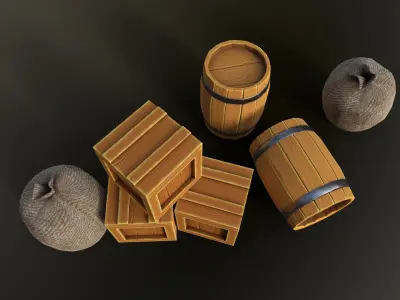 Lowpoly stylized container game asset with barrel box and sack Low-poly 3D model