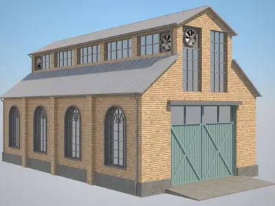 Warehouse 5 brick building with windows and doors Low-poly 3D model