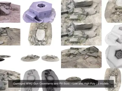 Damaged WW2 Gun Casements and Pill Boxs  - Low and High Poly 3D Model Pack