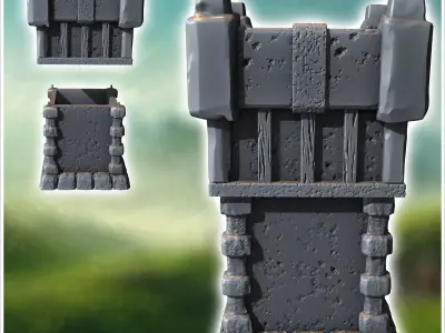 Medieval square stone defense tower with rounded wooden door 12  3D print model purchase