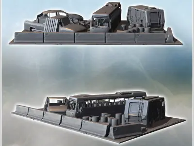 Broken-down vehicles and barriers arranged in a defensive config 3D print model