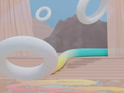 Abstract exterior stairs with look at the mountains and curtains 3D model