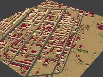 Village low poly city with buildings and trees Low-poly 3D model