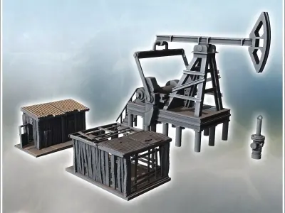 Oil rig with wooden structures pipes and mechanical equipment on 3D print model