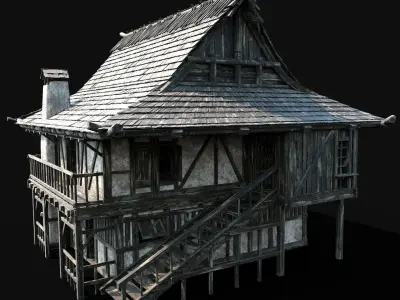 JAPAN CHINESE HOUSE ASIAN FEUDAL HUT DOJO CABIN VILLAGE SAMURAI Low-poly 3D model