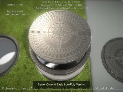 Compass Sewer Cover 4 Basic Low and High-Poly Versions 3D Model Pack