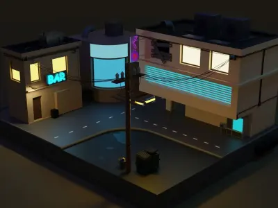 Low-poly street city at night with neon lights Free low-poly 3D model