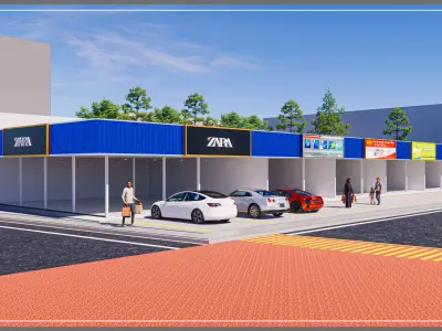 Shophouse building with cars parked 3D model