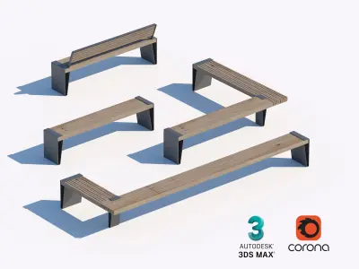Modular Wood and Metal Bench Collection for Urban Areas 3D model