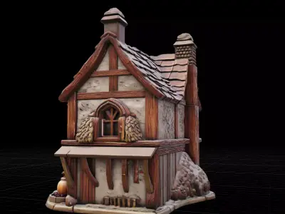 Rustic Tudor Style Fantasy House  Weathered Stone  Wood  Low-poly 3D model