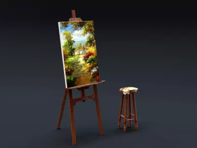 Carved Wood Easel and Painting Set 3D model
