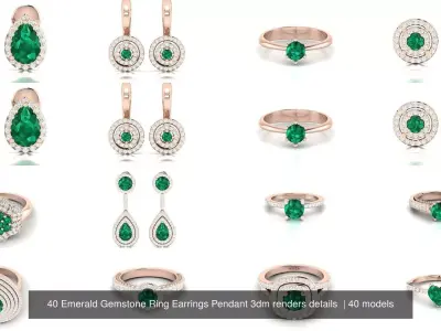 40 Emerald Gemstone Ring Earrings Pendant 3dm renders details  3D Model Pack