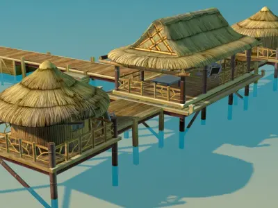 Bungalow - low poly wooden structure with boat Low-poly 3D model