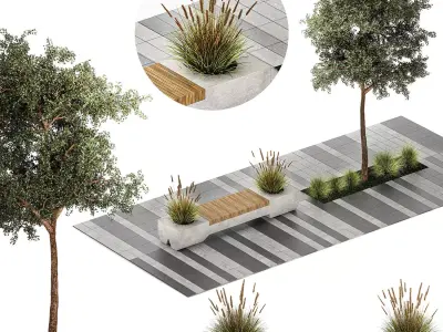 Tree and bushes with bench for outdoor environment 1146 3D model