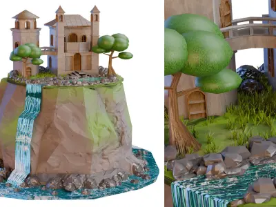 Stylized Celestial Castle Island Low-poly 3D model