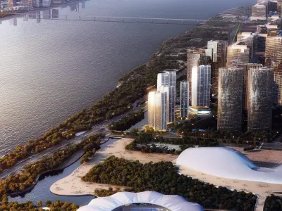 Sunset Waterfront Skyline with Modern Glass Towers 3D model