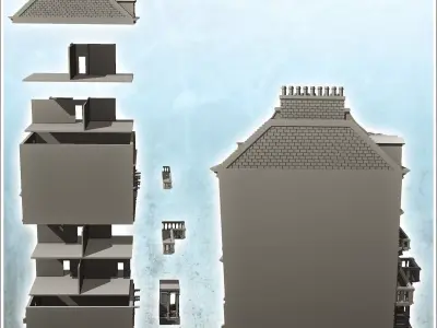 Large modern building with balcony and chimneys with low wall 30 3D print model