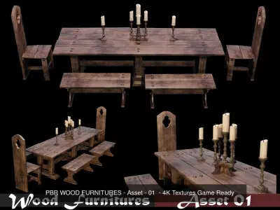 PBR WOOD FURNITURES - Collection - 03  - 4K Textures Game Ready 3D Model Pack