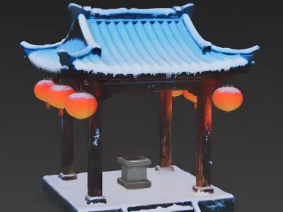 Rustic Wooden Shrine with Glowing Lanterns 3D Model Low-poly 3D model