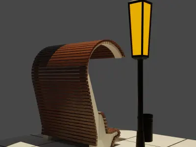 Bench with a street lamp Low-poly 3D model
