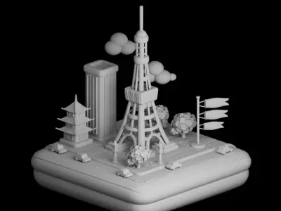 Isometric Tokyo Tower Cartoon City Low-poly 3D model