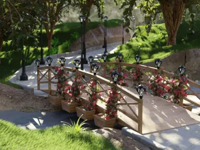 Bridge in woods with lights 3D model