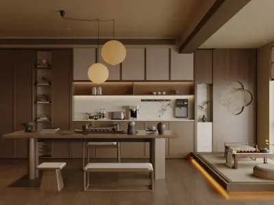 Chinese style living and dining room 3D model