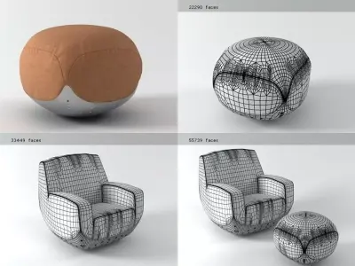 S four different chairs and ottoman 3D model