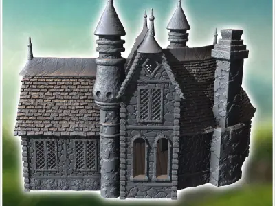 Large medieval manor house with entrance staircase and multiple  3D print model