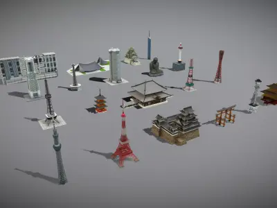 Japanese Famous Buildings 3D Model Pack Low-poly 3D model