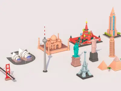 Polygonia Cartoon World Landmarks Pack Low-poly 3D model