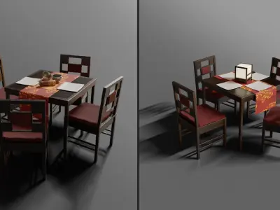 Japanese dining table and chairs 3D model