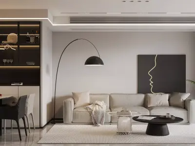Modern living room and dining room 3D model