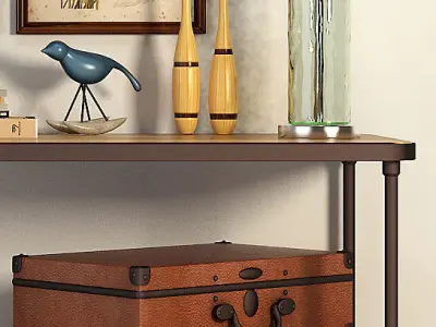 console wooden shelf with two suitcases and bicycle 3D model