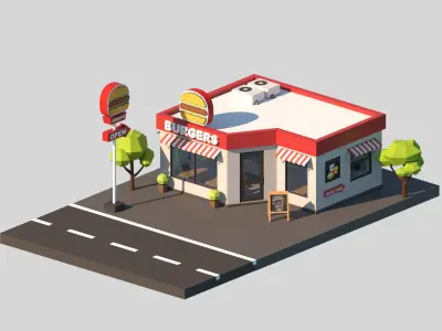 Cartoon Low Poly Fast Food Restaurant Building Low-poly 3D model