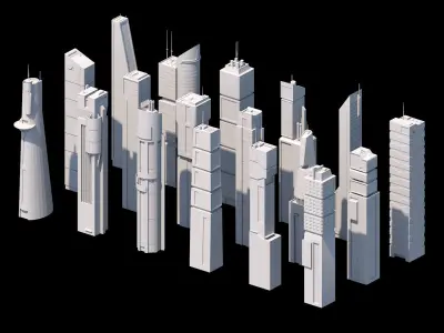 Skyscrapers SciFi - Low Poly - Kitbash City Low-poly 3D model