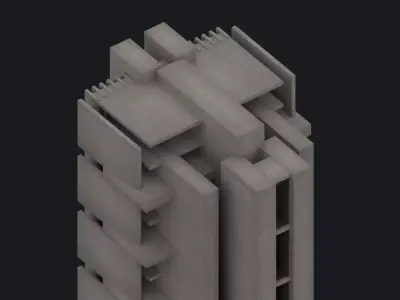Brutalist Tower Building 14 Low-poly 3D model