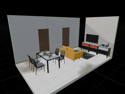 Isometric Living Dining Room With Black Furniture  3D model